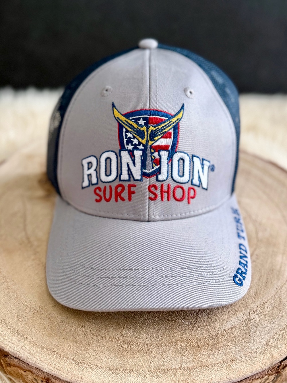 (NWT) Ron Jon Gray and Navy Surf Shop Trucker Hat with Red & Yellow Logo